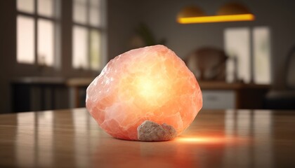  a large rock sitting on top of a wooden table next to a light bulb in a room with a window and a table lamp in the background.  generative ai