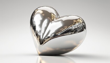  a shiny silver heart shaped object on a reflective surface with a reflection on the floor and a white back ground with a light reflection on it.  generative ai