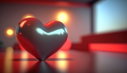  a heart shaped object sitting on top of a table next to a window with bright lights in the backround of the room behind it.  generative ai