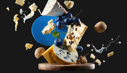  a variety of cheeses are falling into the air on a black background with a splash of water on the bottom of the image and a blue plate.  generative ai
