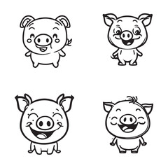 set of cute cartoon pig character outline icon vector. smiling pigs vector logo set illustration