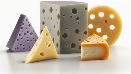  a group of cheeses that are stacked on top of each other on a white surface with holes in the middle of the cheese slices.  generative ai