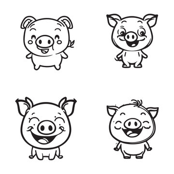 set of cute cartoon pig character outline icon vector. smiling pigs vector logo set illustration