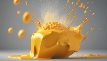  a yellow liquid splashing out of a yellow container on a gray background with a white background and a gray background with a gray backdrop.  generative ai