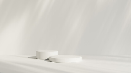 Abstract white room with realistic white cylinder pedestal podium set and leaf shadow overlay. Minimal scene for product display presentation. geometric platform stage for showcase. - obrazy, fototapety, plakaty