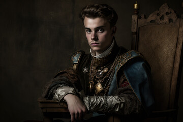 Young medieval king on the throne, Generative AI