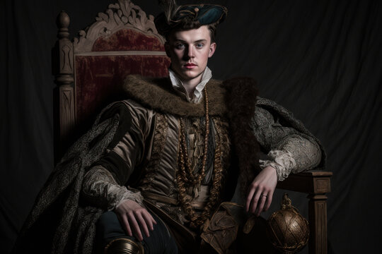 Young medieval king on the throne, Generative AI