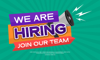 Green and purple poster saying we're hiring