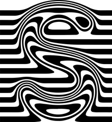 Liquified letter S, 3d striped sign, optical illusion font for opart style logo and monogram. Vector typographic design