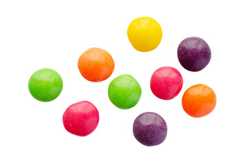 Colorful mix of dragees isolated on white background, top view. Small multicolored candies isolated. Glazed chocolate candies isolated on white background, top view. Multicolored dragee collection.