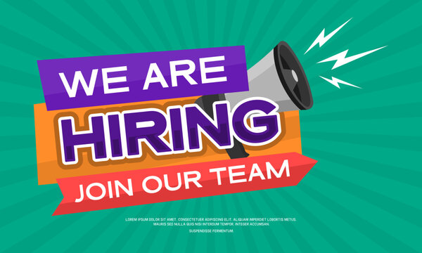 Green and purple poster saying we're hiring