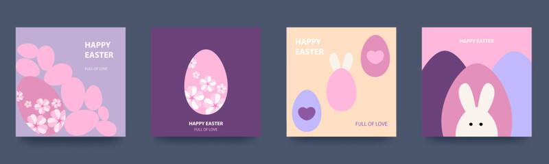 Happy Easter. Set of spring geometric cards with rabbit, eggs and flowers. Backgrounds in pastel colors. lilac tone. Vector