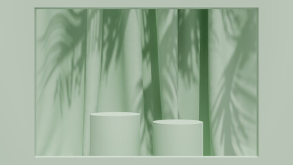 Abstract realistic cylinder pedestal podium set and palm leaf shadow overlay. Minimal scene for...