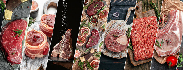 raw meat steak banner, menu recipe Long banner format, top view