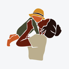 Modern black mother carrying baby girl in elegant line art style vector