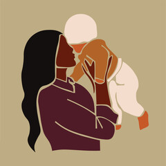 Young black mother carrying daughter in line art style vector