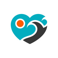 Sun, heart and sea flat logo, travel icon
