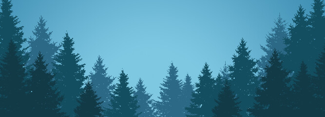 Blue silhouettes of spruce trees forest horizontal banner template. Creative art design blank nature context. Place for text, text area, copy space. 