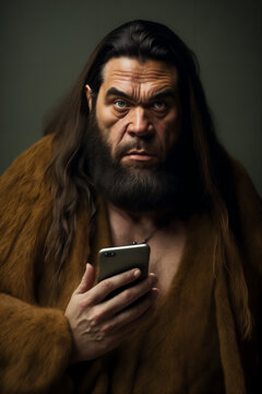 From Stone Age to Smartphone: Evolution of Communication. Caveman using a phone.  Neanderthal. Generative AI