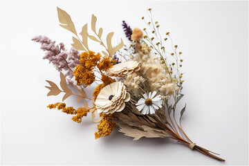 Obraz na płótnie Canvas Floral bouquet of dried flowers on a grey background, country style. Design for postcard, illustration for interior decor. Close-up. Generative AI