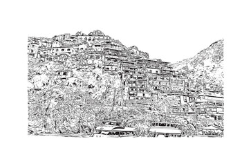 Building view with landmark of Positano is the 
village in Italy. Hand drawn sketch illustration in vector.