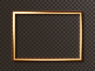 Gold border realistic. Square shiny metalic luxury realistic rectangle frame with shadows isolated on dark background.