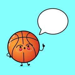 Cute funny basketball with speech bubble. Vector hand drawn cartoon kawaii character illustration icon. Isolated on blue background. Basketball ball character concept