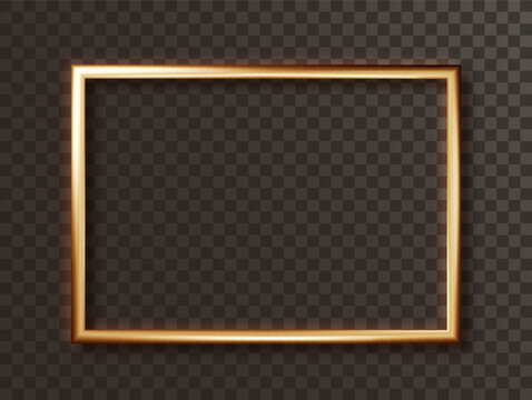 Gold border realistic. Square shiny metalic luxury realistic rectangle frame with shadows isolated on dark background.