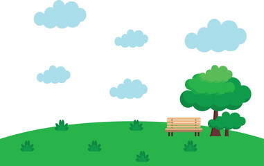 City parks have benches made of wood, grass, and trees. Illustration in a flat style With the city's business district and the river in the background. Green garden vegetation in the suburbs