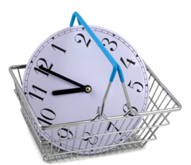 Buying time concept of white clock face in a shopping basket isolated transparent png file
