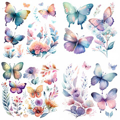 Clip art butterflies and flowers. Generative AI. 