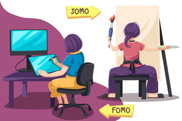 Obraz premium Fomo and Jomo concept. fear of missing out, joy of missing out