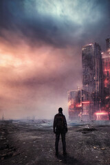 Obraz premium Silhouette of a man at sunset, apocalyptic architecture, a group of tall buildings in the middle of the city, Generation of artificial intelligence.