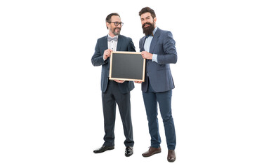Inspired to work hard. partners celebrate start up business isolated on white. bearded men hold advertisement blackboard. formal businessmen, copy space. welcome on board. announcement