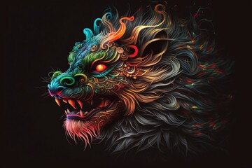 Lion head on black background，AI technology generated image