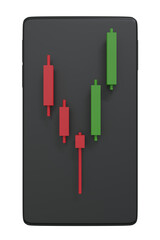 Candle stick pattern graph on mobile application. 3D rendering.