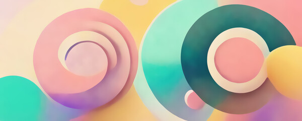 Obraz premium Creative circles. Digital painting. Abstract pattern. Graphic illustration with pastel mint green pink yellow spheres and rings composition on light background.