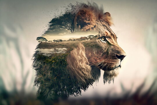 Modern design male lion with double exposure background of african jungle and savanna landscape as wondrous concept of the natural adventure and majestic wildlife animal by Generative AI.