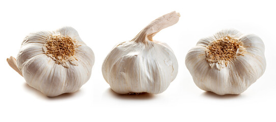 Three heads of ripe garlic. Isolate on white background