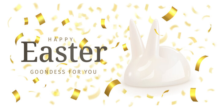 Happy Easter. Goodness for you. Festive card with white rabbit figurine of congratulatory text surrounded by streamer confetti. Suitable for Easter Sunday. 3d vector illustration