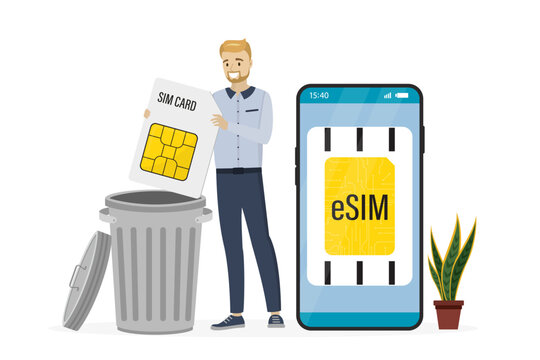 Smart user throws standard simcard out into trash can. Esim, smartphone with embedded sim card, modern technology. Electronic digital card microchip, new mobile communication technology.
