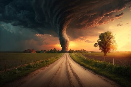 The real tornado hit the farmland at sunset.AI technology generated image