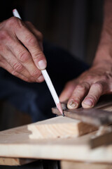 Fototapeta na wymiar Carpenter using working tools while working on a wood in carpentry workshop
