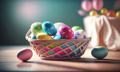 Fototapeta na wymiar Free photo colorful happy easter eggs in basket on table