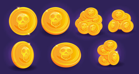 Pirate gold coin with scull. Cartoon style game GUI  icon.
