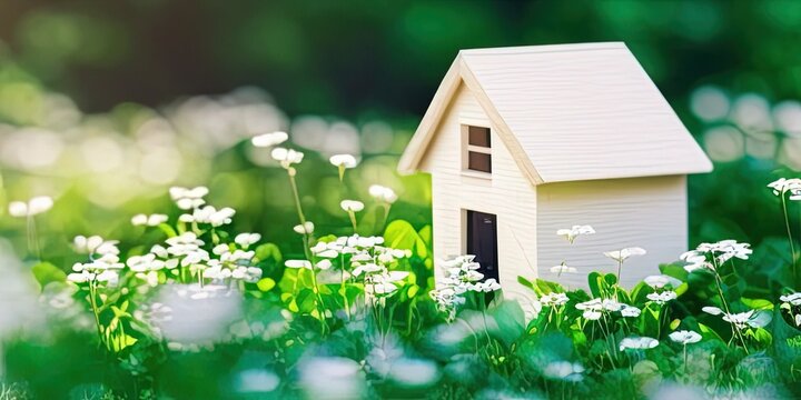 Eco house concept, wooden house on green grass