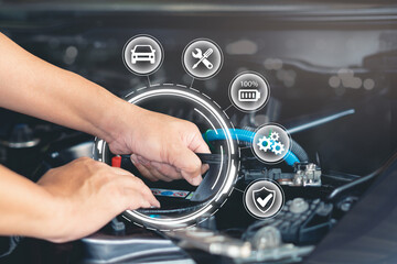 Car service technology,Customer Satisfaction Guarantee on virtual screens concept, Employees check...