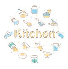 Fototapeta na wymiar Kitchen line banner. Utensil for cooking and preparation. CRockery for measuring. Salt shaker, grater and knife with cutting board. Cartoon flat vector illustrations isolated on white background