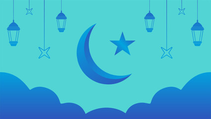 Obraz na płótnie Canvas Islamic background of ramadan design for greeting card with blue color. Islamic layout for design graphic ramadan in muslim culture and islam religion. Lantern and crescent ornament for ramadan design