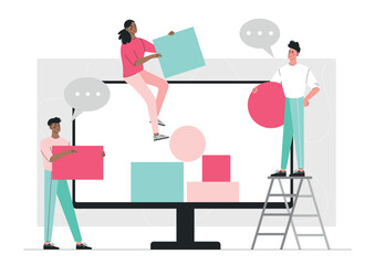 Group work concept. Men and woman next to computer monitor. Teamwork and partnership, freelancers and designers develop interface for programs and applications. Cartoon flat vector illustration